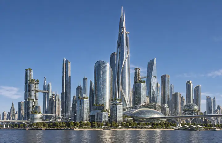 Futuristic city skyline example