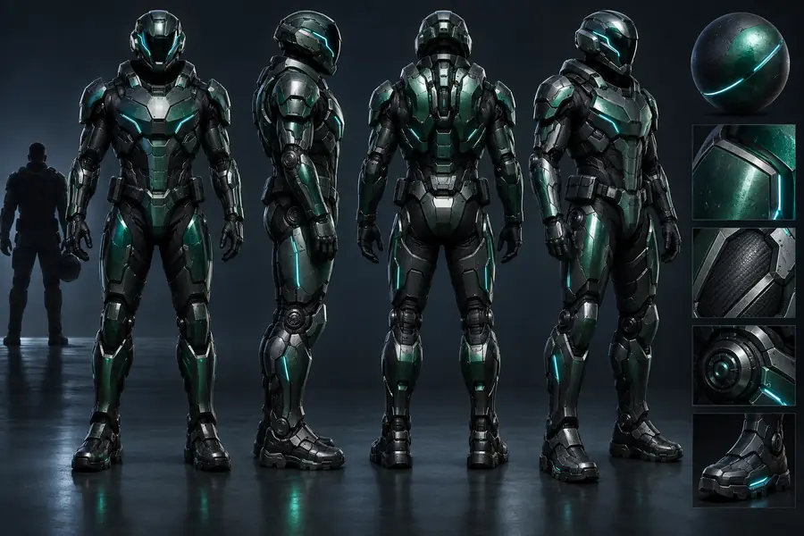 Reference-style armored 3D object shown from multiple directions